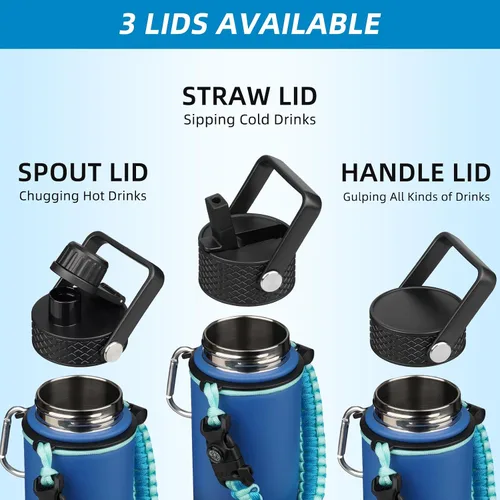 Miniatura 3 de BJPKPK - Botella de agua con tapa de popote, botellas de agua aisladas de 18 onzas con 3 tapas, asa de cuerda de paracaídas y base antideslizante