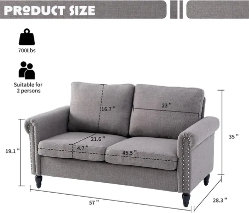 Miniatura 2 de J.C.UP Sofá biplaza de 57 pulgadas, sofás pequeños para sala de estar con tela de lino, cómodo sofá tapizado para dormitorio con patas de madera Gris