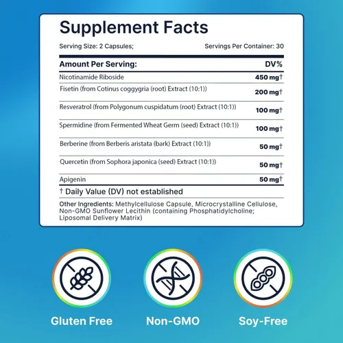 Miniatura 6 de Suplemento liposomal de nicotinamida ribósido NR Resveratrol NAD: nicotinamida 500mg con fisetina, polvo de resveratrol espermidina berberina NAD