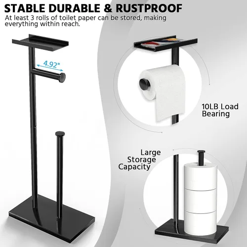 Miniatura 3 de Cisily Soporte de papel higiénico negro con estante para teléfono, decoración para baño. Almacenamiento independiente para rollos de papel
