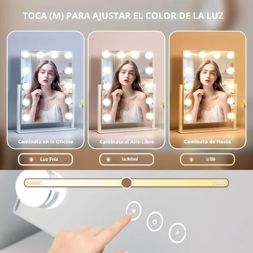 Miniatura 2 de Espejo de tocador con luces, espejo de maquillaje con luces con 9 bombillas LED regulables, 3 modos de iluminación de color desmontables, espejo