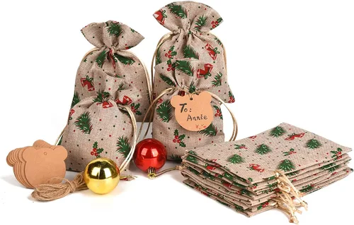 XCFWin Paquete de 12 bolsas de regalo de Navidad con cordón, diseños reutilizables para suministros de fiesta de Navidad (rama de pino, 5 x 7