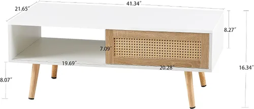 Miniatura 2 de AMNOOL Mesa auxiliar rectangular de ratán de 41.34 pulgadas, mesa central de madera para sofá, puerta corrediza, patas de madera maciza, se puede