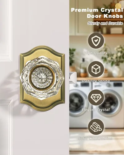 Miniatura 8 de Gobrico Paquete de 5 pomos de puerta de cristal de paso en latón antiguo para pasillo, armario, lavandería, forma octágono transparente, sin llave