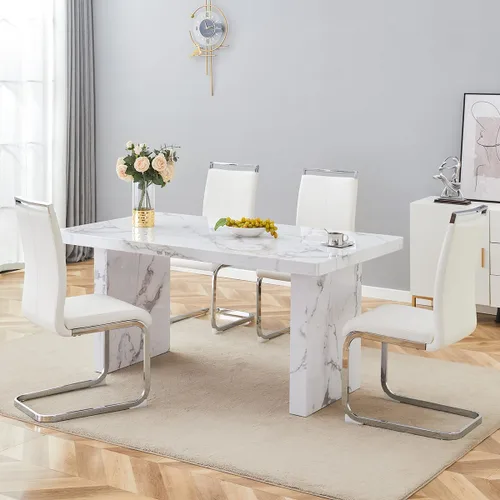 Miniatura 62 de gopop Mesa de comedor de mármol de 63 pulgadas, tablero de mesa de comedor MDF con patrón de mármol y base para cocina y comedor.