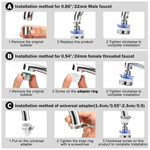 Miniatura 6 de Juego de 8 grifos de filtro de agua para fregadero, filtro giratorio de 360°, filtro de agua para fregadero de cocina, elimina fluoruro de cloro