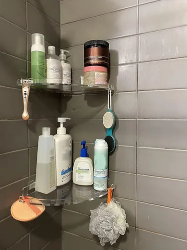 JiePai Estante esquinero de acrílico para ducha con ganchos, paquete de 2, organizador adhesivo de ducha de baño montado en la pared para