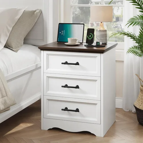 Miniatura 20 de Mesita de noche con estación de carga, Mesa auxiliar estilo granja de 19.7" con almacenamiento de 3 cajones, Mesa lateral de cama de madera