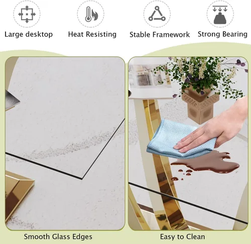 Miniatura 6 de Mesa de comedor de vidrio de 70 pulgadas para 4-8 personas, parte superior de vidrio templado y base de acero inoxidable en U dorada, escritorio