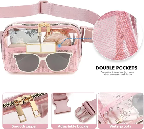 Miniatura 5 de Riñonera transparente aprobada para mujeres y hombres con correa ajustable, resistente al agua, bolsa transparente para viajes, entrenamiento, Rosa