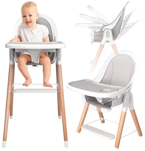Miniatura 10 de Silla alta de madera de lujo 6 en 1 para bebés y niños pequeños, moderna, segura y compacta, fácil de limpiar y montar, bandeja y cojín extraíbles