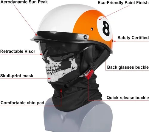 Miniatura 8 de Medio casco de motocicleta con visera para adultos y jóvenes, cascos retro aprobados por DOT para hombres y mujeres, compatibles con ciclomotor