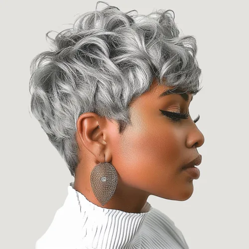DOcute Peluca gris para personas negras, corte pixie con flequillo, peluca rizada corta para mujeres negras, peluca rizada esponjosa para mujeres,