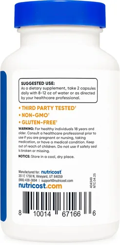 Miniatura 6 de Suplemento Nutricost Ácido Alfa Lipoico 600 mg por porción, 120 cápsulas, 60 porciones - Cápsulas vegetales, sin OMG