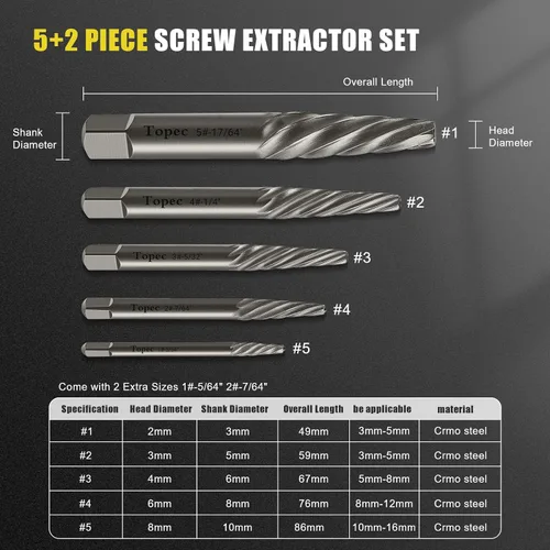 Miniatura 2 de TOPEC Juego de extractor de tornillos dañados, 7 piezas extractoras de pernos fáciles de sacar para quitar fácilmente pernos rotos, tornillos