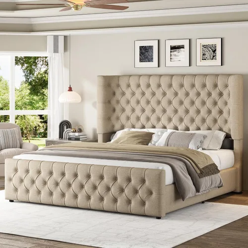 Miniatura 12 de Jocisland Base de cama tapizada tamaño Queen con cabecera curvada de 6.3 pulgadas, estribo copetudo, listones de madera, no necesita somier