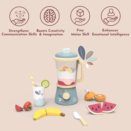 Miniatura 7 de SPEEDY MONKEY Juego de licuadora para hacer batidos de juguete - Juego de licuadora de alimentos de madera FSC para niños, juguete de cocina