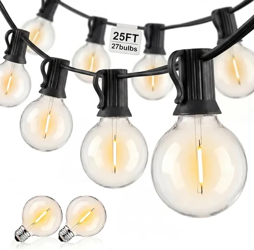 Abeja - Cadena de luces para exteriores, de 25 pies con bombillas LED G40 tipo globo con 27 bombillas de plástico Edison (2 de repuesto), luces