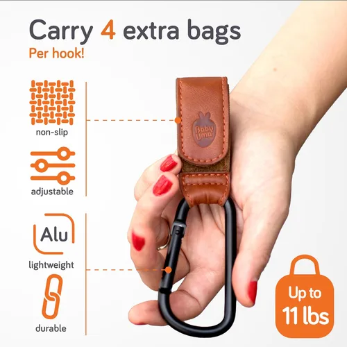 Miniatura 4 de Baby Uma Ganchos para cochecito para bolsas (paquete de 2) – Clips y ganchos estilo cuero para cochecito, accesorios antideslizantes para cochecito