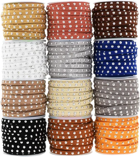 Mandala Crafts Cordones neutros de gamuza sintética con tachuelas, 20 yardas, tiras planas de encaje de cuero vegano con remaches de color plateado