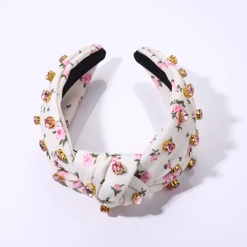Miniatura 5 de Diademas anudadas con perlas para mujer, diademas de flores impresas con diamantes de imitación, diademas anudadas de cristal, cuentas brillantes