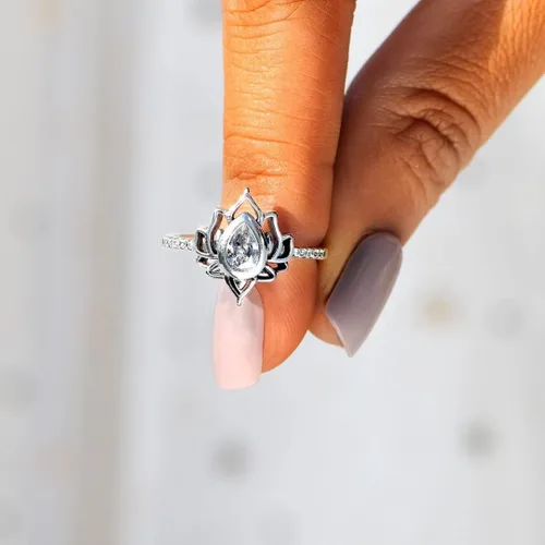 Miniatura 3 de Anillo de loto de plata de ley 925 auténtica, con diseño de flor de loto, para yoga, alto pulido, resistente al deslustre, con incrustaciones