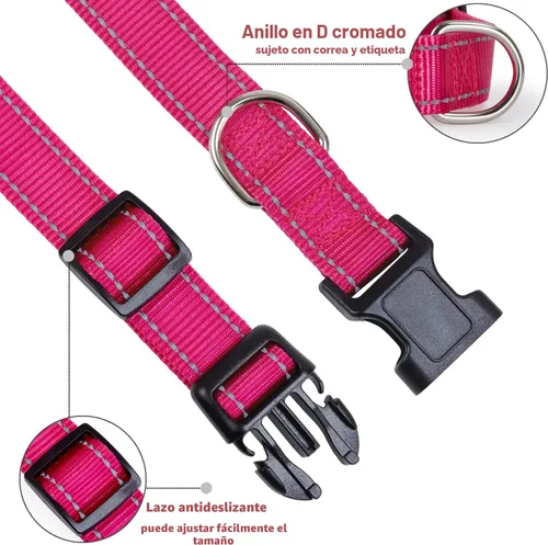 Miniatura 3 de Collar de perro reflectante con hebilla ajustable de nailon de seguridad para perros pequeños, medianos y grandes, rosa M Rosa caliente