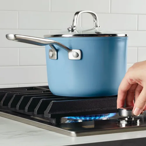 Miniatura 6 de KitchenAid Sartén antiadherente de cerámica anodizada dura con tapa, 3 cuartos de galón, terciopelo azul