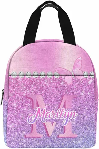 Miniatura 6 de InterestPrint Bolsa de almuerzo con nombre personalizado para hombres y mujeres, diseño de mariposa rosa y azul personalizada, caja de almuerzo