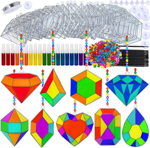 Winlyn 27 juegos de adornos de atrapasoles con joyas, decoración de pintura para ventanas, kits de manualidades, atrapasoles de joyas para niños,