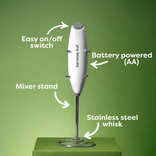 Harmony Leaf Espumador de leche de mano, mezclador eléctrico de bebidas de acero inoxidable con soporte, espumador de café a pilas para lattes,