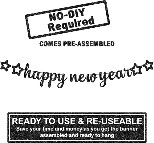 Miniatura 2 de KatchOn, Cartel de feliz año nuevo con purpurina negra – 10 pies, sin bricolaje Cartel negro de feliz año nuevo Suministros para fiesta de Año