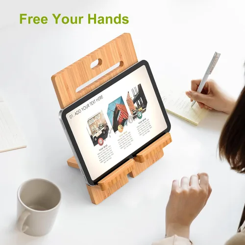 Miniatura 2 de Pezin & Hulin Soporte ajustable de bambú para tableta, soporte para teléfono celular de escritorio compatible con Pad Air/Pro/Mini, lector