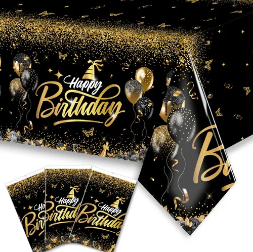 Decoraciones de feliz cumpleaños, mantel dorado y negro, fundas rectangulares de plástico desechables para hombres y mujeres, fiesta de cumpleaños