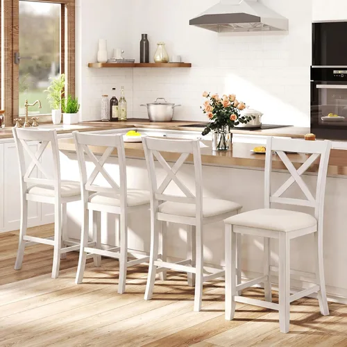Miniatura 8 de Giantex 24" Bar Stools Set of 2, Farmhouse Counter Height Barstools w/Footrest, Cross Back, Comfortable Linen Cushion, Upholstered Wood Bar Chairs