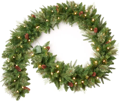 Miniatura 6 de Guirnalda de Navidad preiluminada de 9 pies con 50 luces LED, funciona con pilas, decoración de vacaciones, escaleras, pared, manto de puerta, Verde