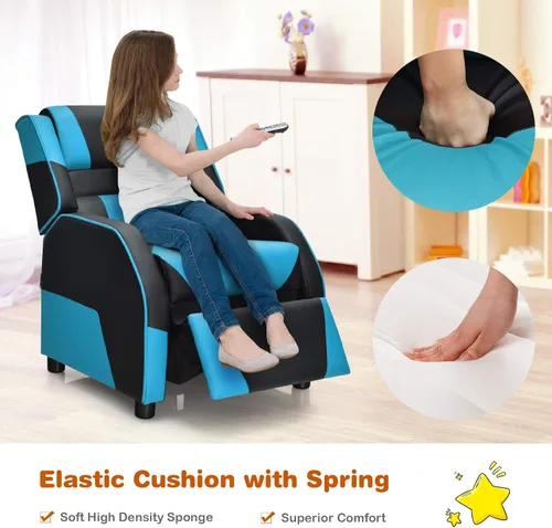 Miniatura 6 de Giantex Silla reclinable para niños, silla reclinable para juegos con reposapiés, reposacabezas y soporte lumbar, silla ergonómica de cuero para Azul