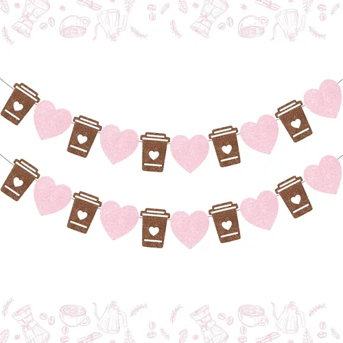 Miniatura 8 de Cartel de barra de café verde, guirnalda de taza con purpurina y corazón, pancarta con leche para cumpleaños, despedida de soltera, compromiso