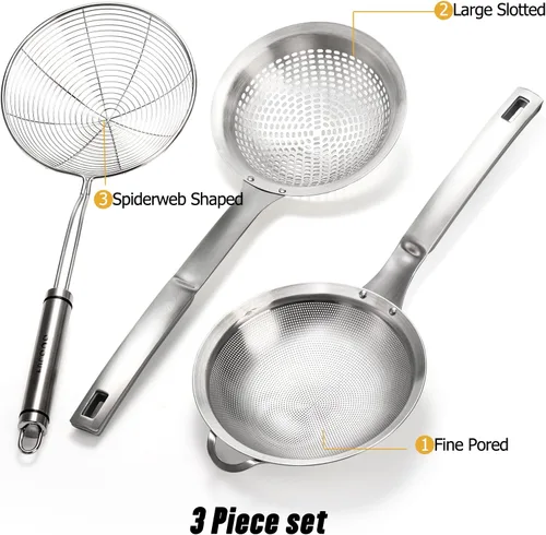 Miniatura 3 de Juego de 3 cucharas de colador de araña, colador de malla fina de acero inoxidable, coladores de alimentos de tamiz de acero inoxidable, cucharas