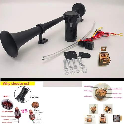 Miniatura 5 de Bocina de aire de 12 V 150 DB Bocina de coche 17.7 in Altavoz de coche Negro Cromo Zinc Trompeta simple Bocina súper fuerte con bomba de aire Bocina