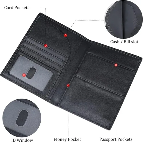 Miniatura 6 de Polare - Soporte para pasaporte de cuero de grano completo con bloqueo RFID, billetera plegable para viajes, 2 pasaportes, Negro -, Slim