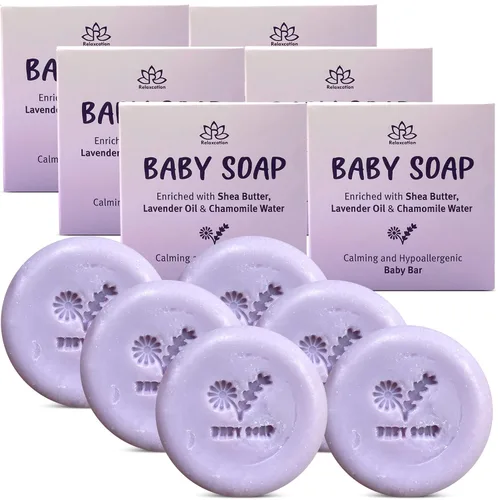 Barra de jabón para bebés 100 % natural con aceite esencial de lavanda, agua de manzanilla orgánica y manteca de karité, proceso naturalmente frío