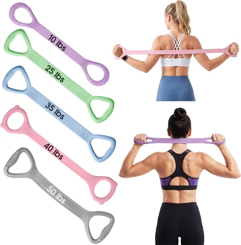 Miniatura 8 de Soulchen Paquete de 5 bandas elásticas de resistencia para brazos, espalda, pecho y hombros, yoga, pilates, estiramiento, entrenamiento para mujeres