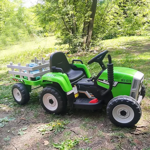 SEHOMY Tractor de paseo para niños con remolque y motores duales de 25W, vehículo de juguete eléctrico para niños alimentado por batería de 12V con
