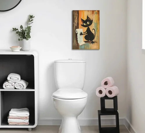 Miniatura 8 de Divertido Arte de Pared de Baño de Gato Negro en Lienzo Arte de Pared de Gato Abstracto con Imagen de Papel Higiénico Decoración de Pared Póster