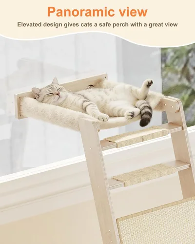 Miniatura 2 de Percha para ventana de gato con almohadilla para rascar, árbol trepador de 51 pulgadas, incluye hamaca escalera para gatos con 2 ventosas