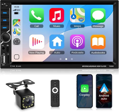 Estéreo de coche doble DIN con CarPlay Android Auto, radio de pantalla táctil de 7 pulgadas, unidad principal universal de 2 DIN Bluetooth 5.0 FM