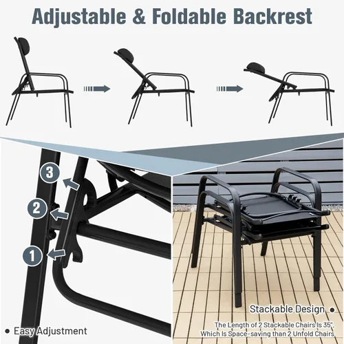 Miniatura 6 de Tangkula Juego de 3 piezas de bistró para exteriores, sillas apilables para patio con respaldo ajustable y plegable, reposacabezas extraíble y mesa