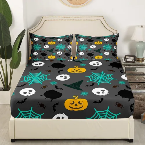 Miniatura 3 de Erosebridal Juego de sábanas de telarañas para decoración de Halloween, juego de sábanas de murciélagos negros, luces de calabaza planas, Multi 15