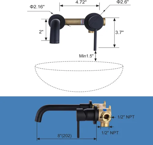 Miniatura 7 de ARCORA Grifo de baño de montaje en pared, negro mate, grifo de lavabo de baño de una sola manija montado en la pared, válvula empotrada incluida